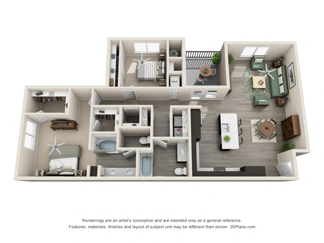 Floor plan for 2 beds, 2 baths, 1318 sqft